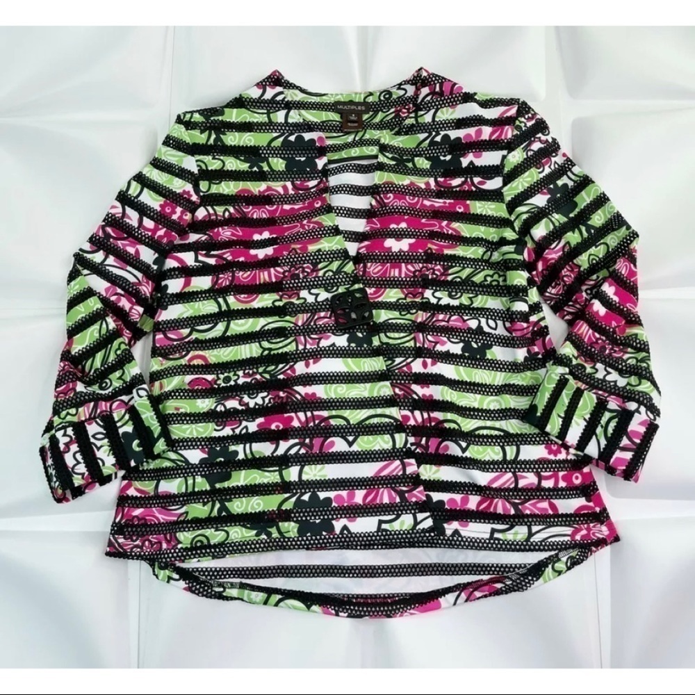Multiple Women Sz S Floral Print Colorful Lightweight Jacket Crochet Art-to-Wear